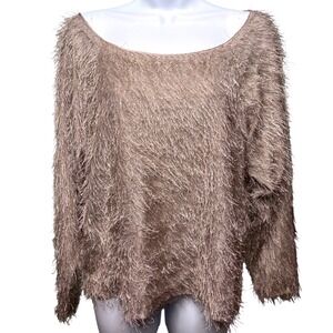 ROBBI & NIKKI Metallic Taupe Eyelash Fringe Shag Top M Glam Boho-Chic Going Out
